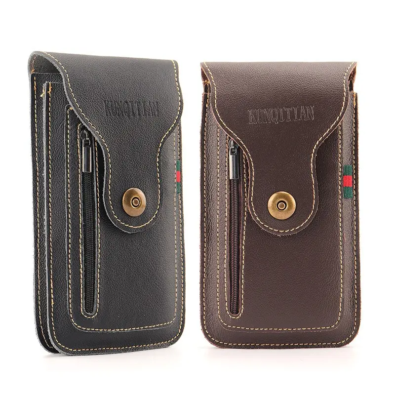 Statement Men's Belt Bag in PU Leather - Durable Vertical Phone Pouch with 2 Pockets & Belt Loop for Construction Site Use, Fits Large Phones & Cards, Zipper
