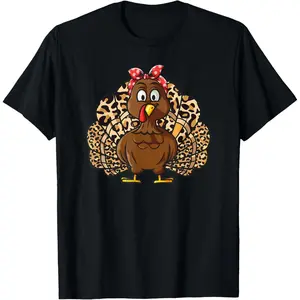 Thanksgiving Leopard Turkey Women Girl Autumn Fall season T-Shirt Casual Crewneck Womenswear Tshirt
