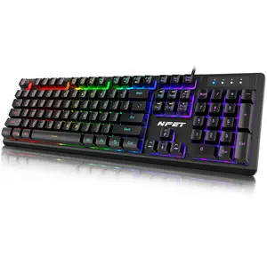 NPET K10 Wired Gaming Keyboard, LED Backlit, Spill-Resistant Design, Multimedia Keys, Quiet Silent USB Membrane Keyboard for Desktop, Computer, PC (Black)