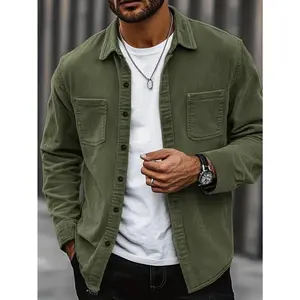 Men's Corduroy Shirt Jacket - Casual Turn-Down Collar Long Sleeve Cardigan with Pockets, Spring/Autumn Streetwear Menswear Top Polyester Fabric Wetsuit Tights