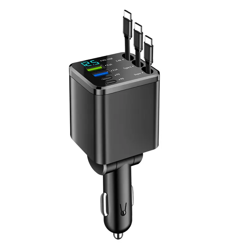 TIISIFANG 120W Power 7-in-1 Retractable Cable Car Charger - LED Voltage Check, 3.1A Multi-Port USB Car Connector, High Efficiency Charger, USB-C Fast Charging Automotive Accessory for iPhone & Type-C Devices, Portable