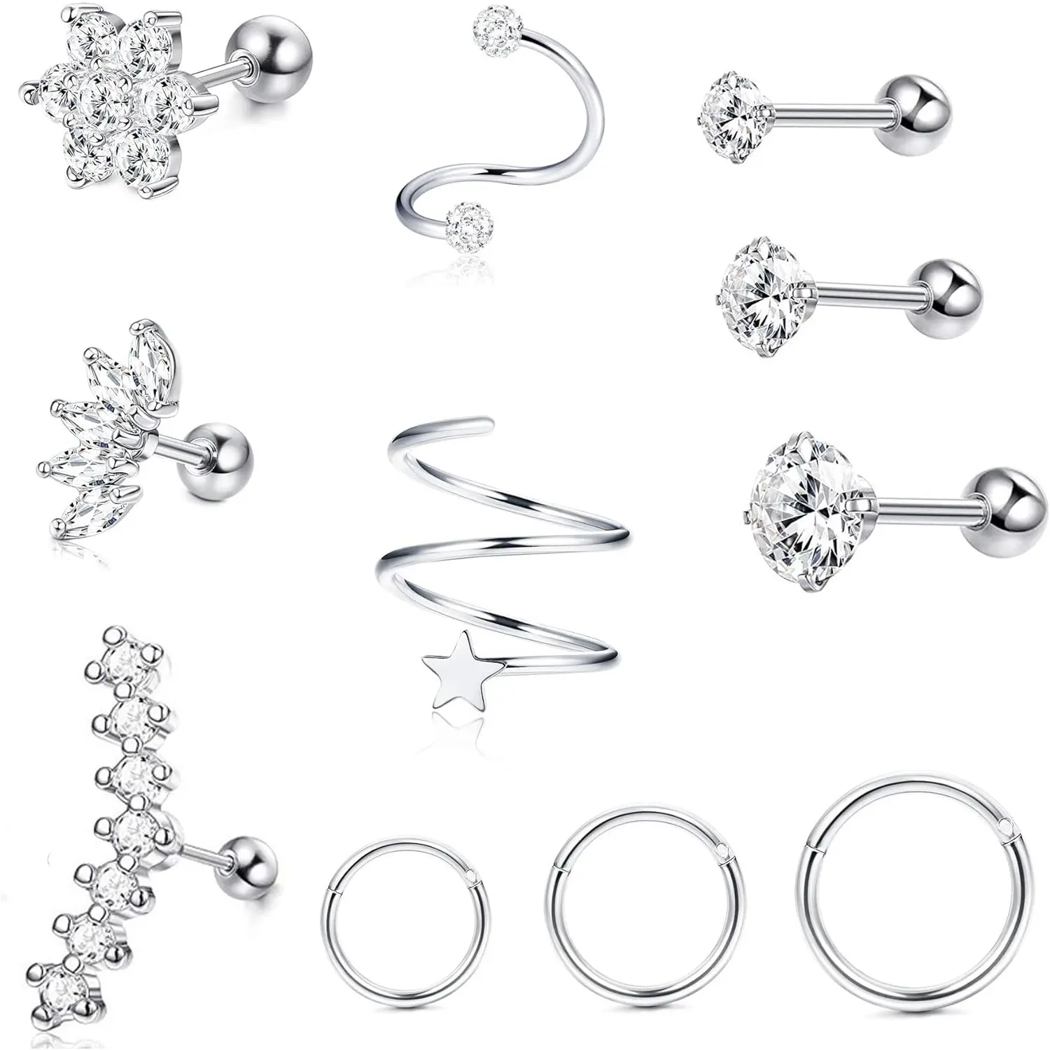 Milacolato Unisex 11-Count 16G/18G Stainless Steel Cartilage Jewelry Set - CZ Studs, Hoops, Barbells for Conch, Forward Helix, Tragus, Daith Piercings