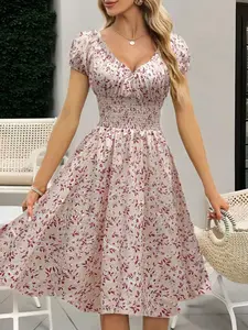 Women's New Vintage Floral Print Puff Sleeve French Style Dress, Elegant A-Line Midi Dress