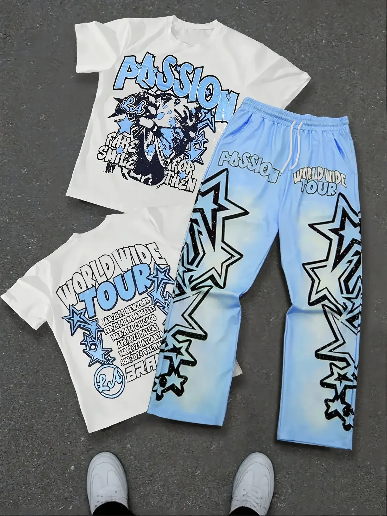 Men's American-Style 2-Piece Casual Set: PASSION Star-Print Short-Sleeve T-Shirt + Gradient Blue Star-Print Wide-Leg Sweatpants