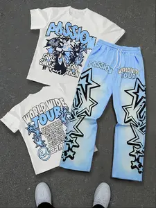 Men's Cool Blue-and-White Zebra-Print Curved-Leg Sweatpants + Oversized T-Shirt Streetwear Set (Unisex)