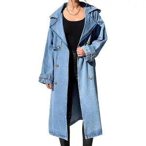FMEYOA Women's Long Double Breasted Denim Jacket Oversized Button Down Maxi Jean Coat Classic Lapel Outercoat M8M483