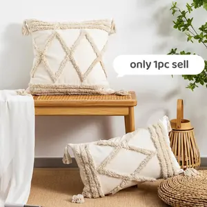 Boho Style Throw Pillow Cover Without Filler, 1 Count Cushion Cover With Tassel Decor, Tufted Throw Pillowcase For Room Decor, Home Textile