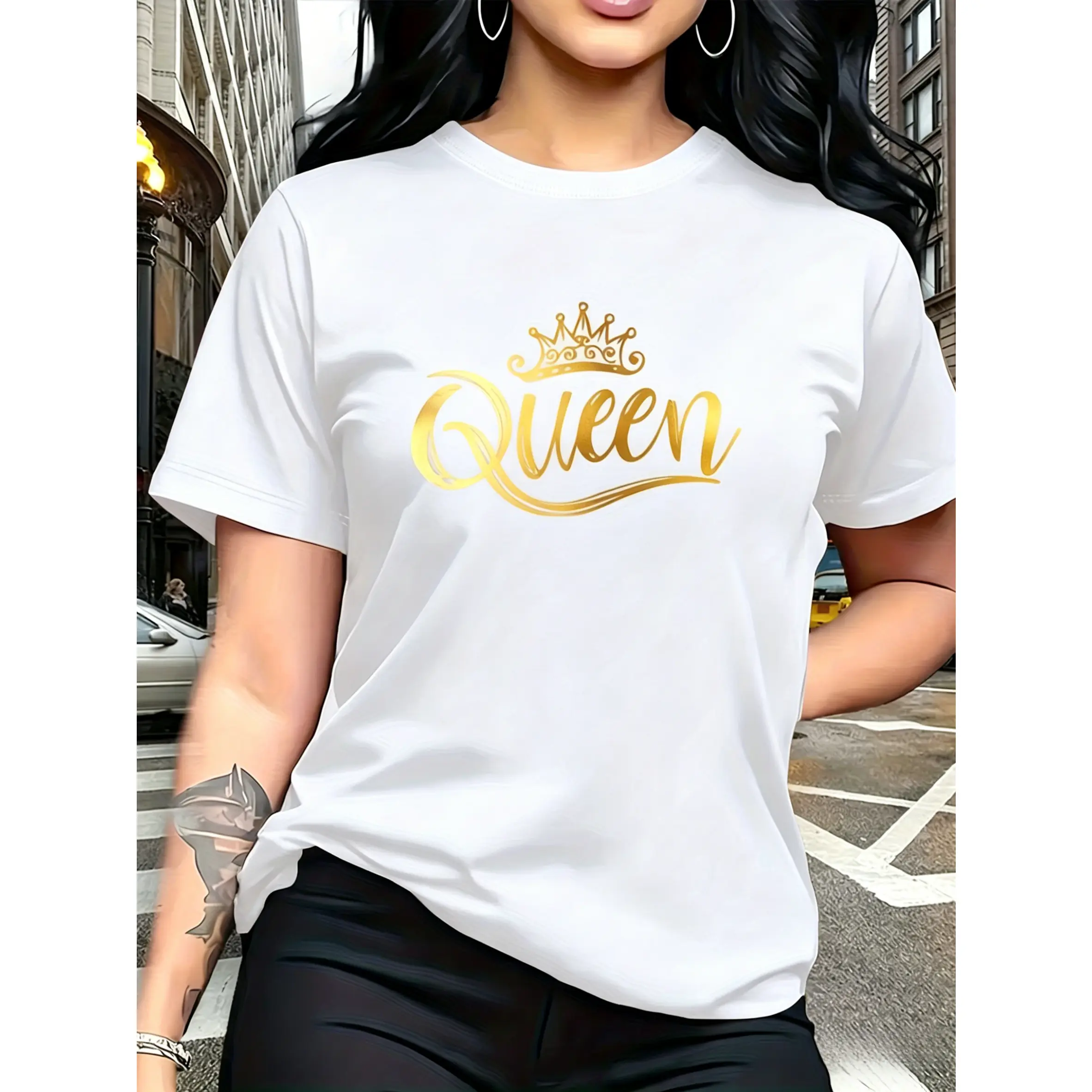 Women's 100% Smooth Short-Sleeve Basic Casual Tee T-Shirt - Streetwear Style, Gold Crown & Queen Graphic, Round Neck, Oversized Fit, Versatile Fabric, Suitable for Leisure Travel, Vacations