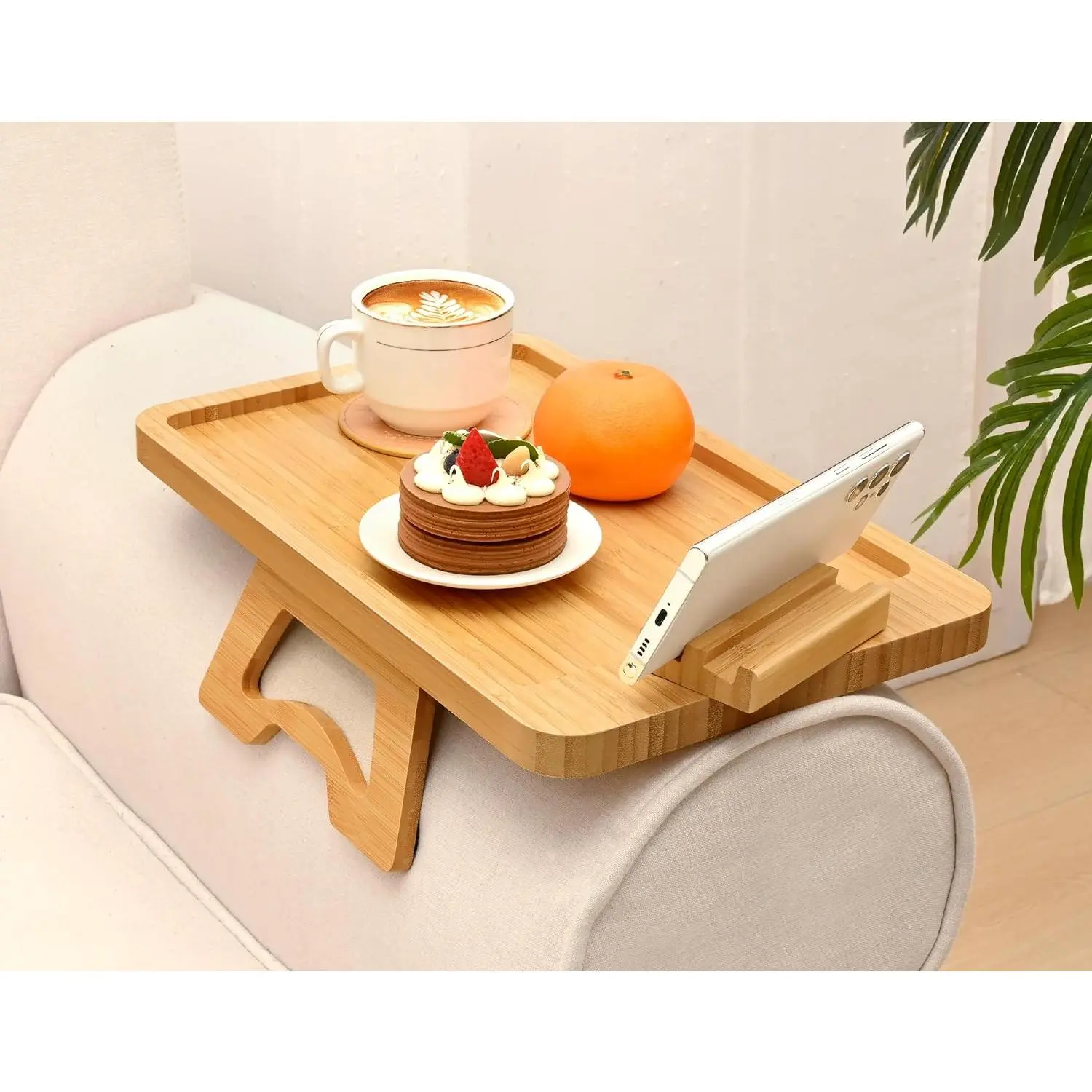 Bamboo Sofa Arm Tray Table, Foldable Couch Sofa Tray, Clip On Armrest Tray with 360°Rotating Bracket for Phone & Pad, Anti-Slip Sofa Table with Coaster for Drinks & Food Wood