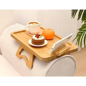 Bamboo Sofa Arm Tray Table, Foldable Couch Sofa Tray, Clip On Armrest Tray with 360°Rotating Bracket for Phone & Pad, Anti-Slip Sofa Table with Coaster for Drinks & Food Wood