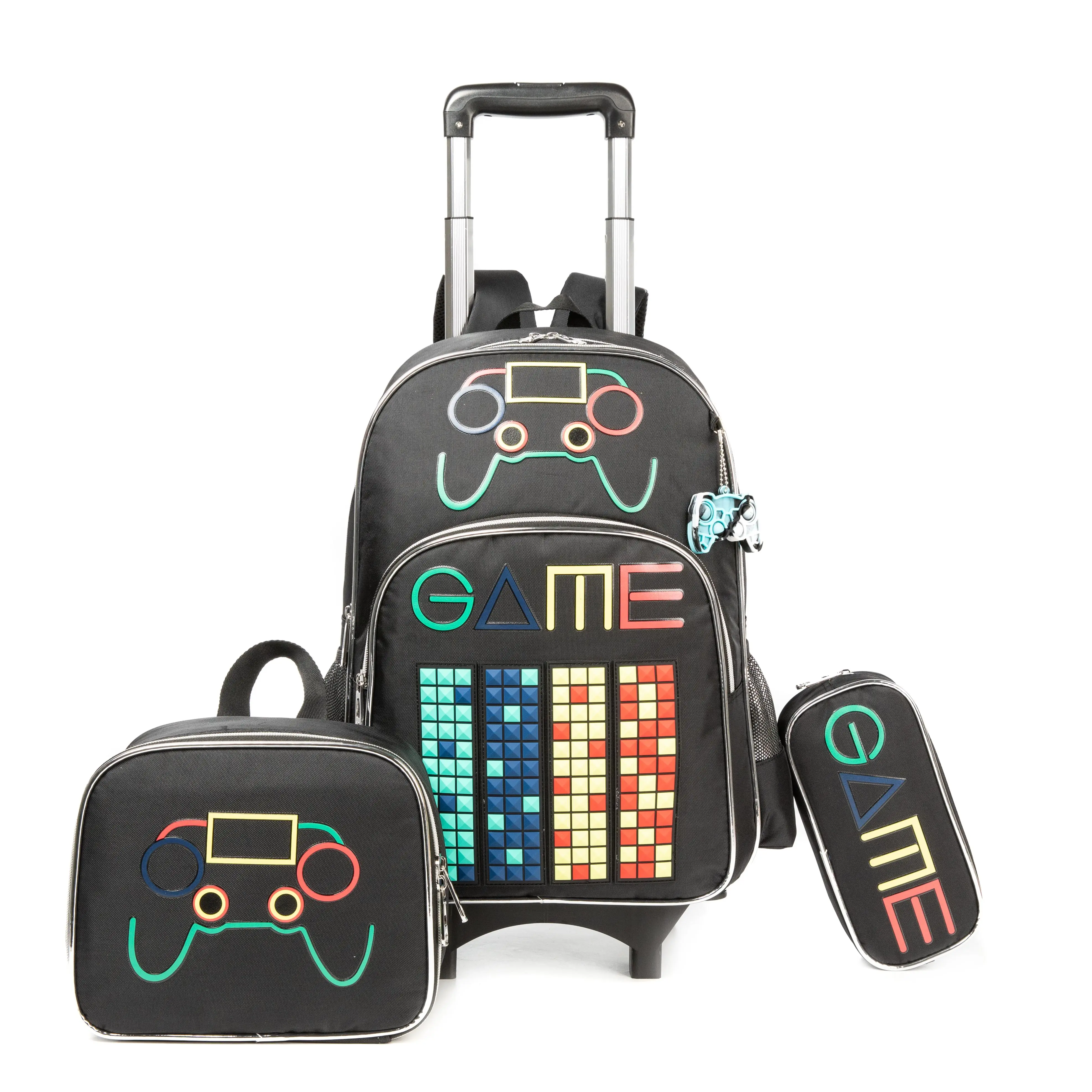 Gamer Boy 3-in-1 Foldable Rolling Multi Function Backpack - 16" Main Compartment, High-Capacity, Double Pocket, Mesh Design, Gaming Aesthetic, Detachable Insulated Lunch Bag, Pencil Case, Controller-Ready, Waterproof Childrens Holiday Luggage