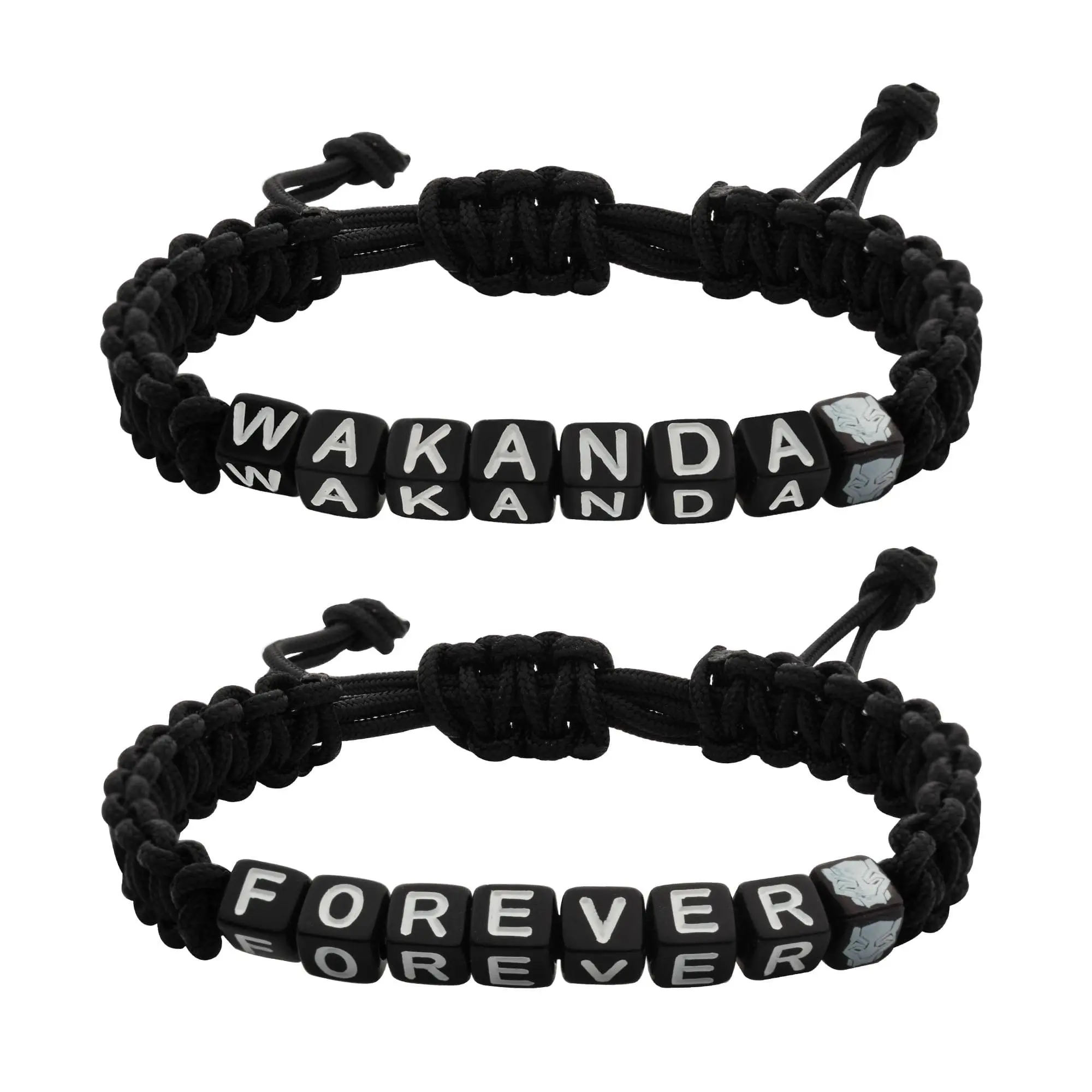 Black Panther Bracelet Set, Wakanda Forever Authentic 2-Piece Cord Pull Jewelry, Officially Licensed for Marvel Fans, Wristband, Fan Wear