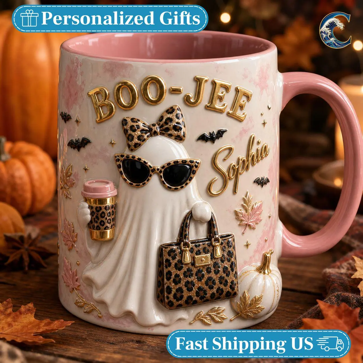 Personalized Boo Jee Mug, Leopard Ghost Coffee Mug, Boujee Halloween Mug, Custom Name Leopard  Mug, Trendy Boujee Fall Gift