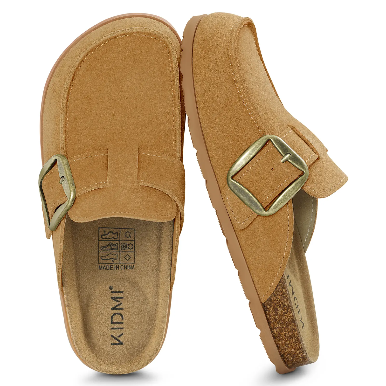 【Back To School】KIDMI 100% Genuine Suede Clogs for Women Cork Footbed Leather Mules Slip On with Comfort Memory Foam and Adjustable Buckle Casual Walking Shoes Footwear