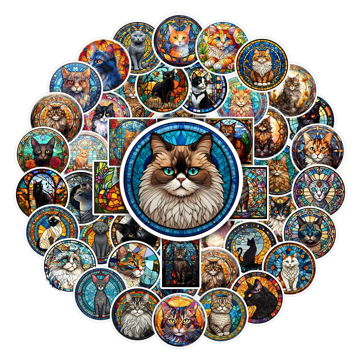 50Pcs Stained Glass Cat Adhesive Stickers Pack, Cute Stickers, Waterproof Vintage Artistic Cat & Colorful Window Cat Vinyl Decals for Laptop, Water Bottle, Journal & Scrapbook, Cat Lover Gift
