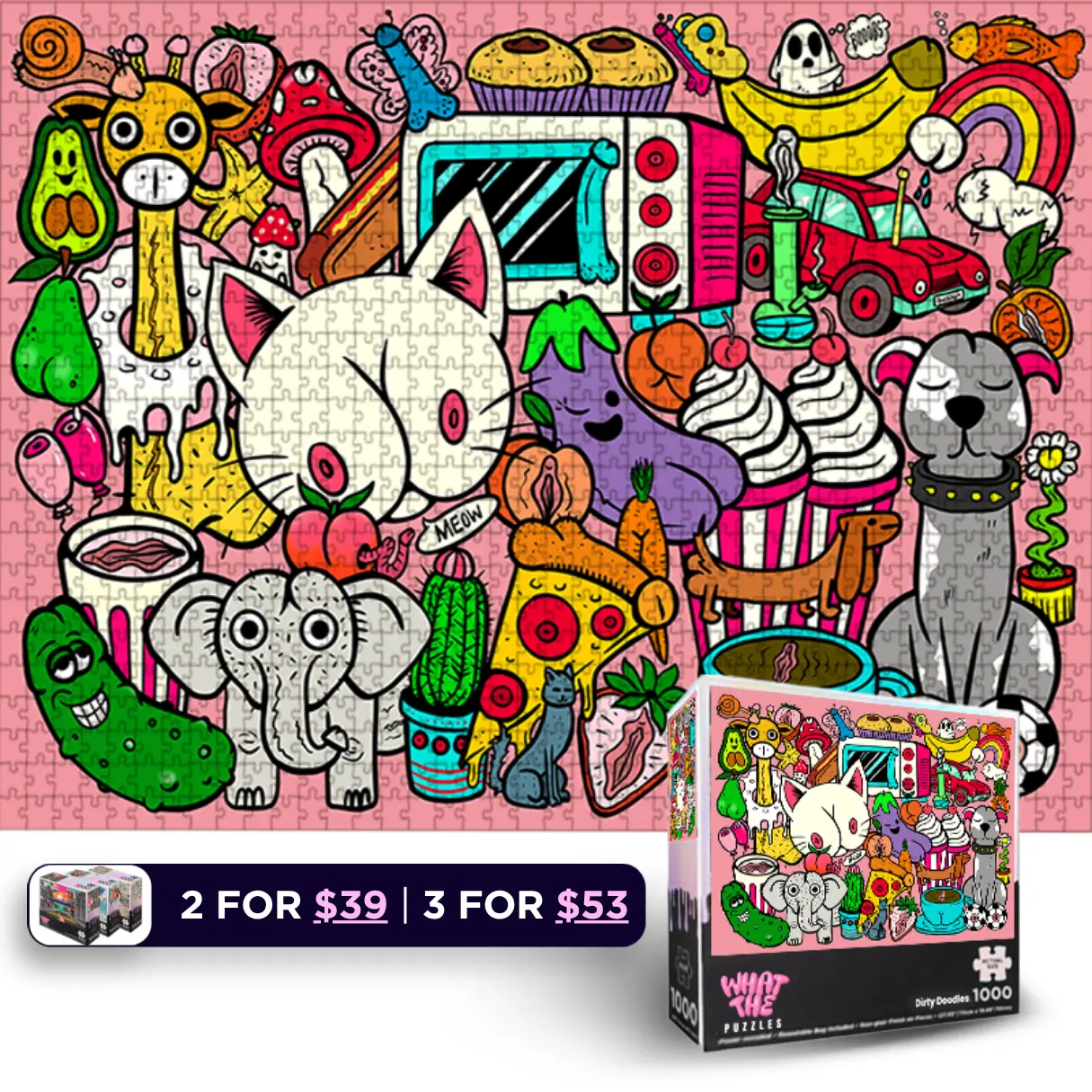 Dirty Doodles – 1000 Piece Jigsaw Puzzle for Adults, Funny Pink Hidden Doodle Puzzle Inappropriate Gag Gift, Bachelorette Night