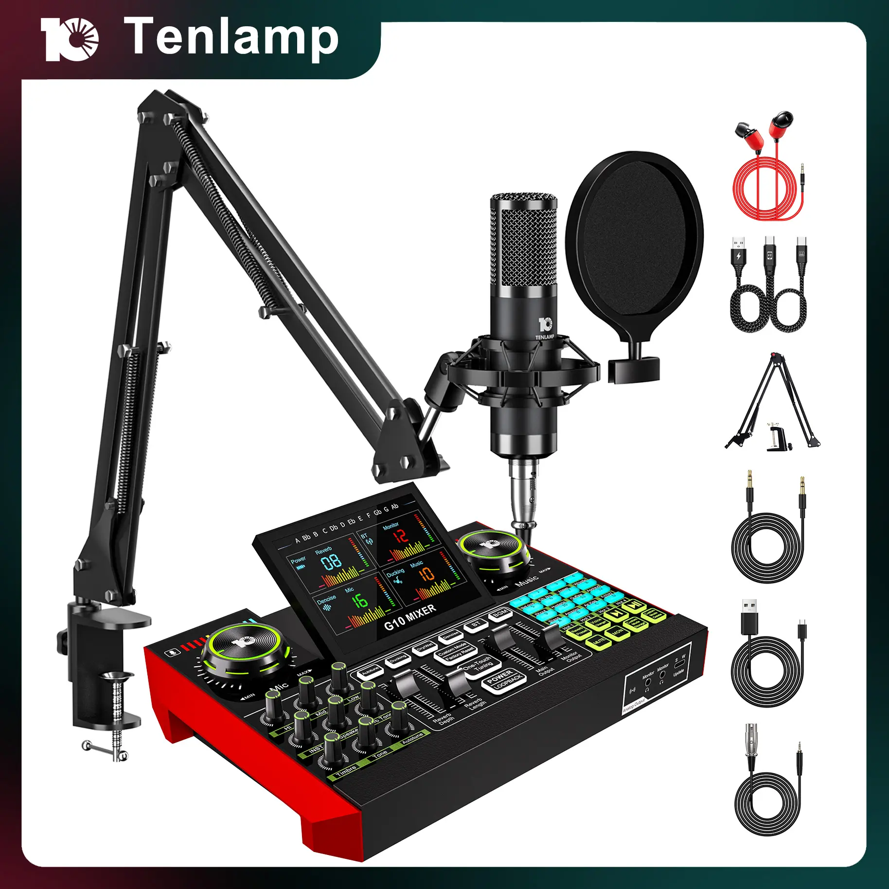 Tenlamp G10-P15 Cantilever Series Audio Mixer, Live Sound Card with XLR Microphone Connector, Professional Chipset, 48V Phantom Power Supply, One Touch Noise Reduction, One Touch Voice Change for Podcast,Recording,Vocal,Game Voice