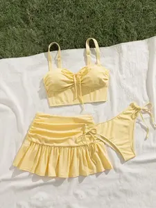 New Three-Piece Bikini Set, Ruffled Short Skirt, Adjustable Straps, Sexy Fashion Beach Party, Pool Party Contrast Bikini
