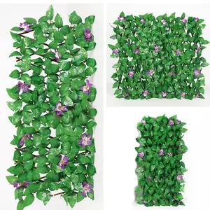 1 Expandable Artificial Ivy and Orchid Privacy Fence Screen - Green with Purple Flowers, Durable Plastic Rain and Windproof Four-Season Indoor and Outdoor Decorative Barrier,for Garden, Courtyard, Wedding, and Festival Decoration, Decorative Garden Fences