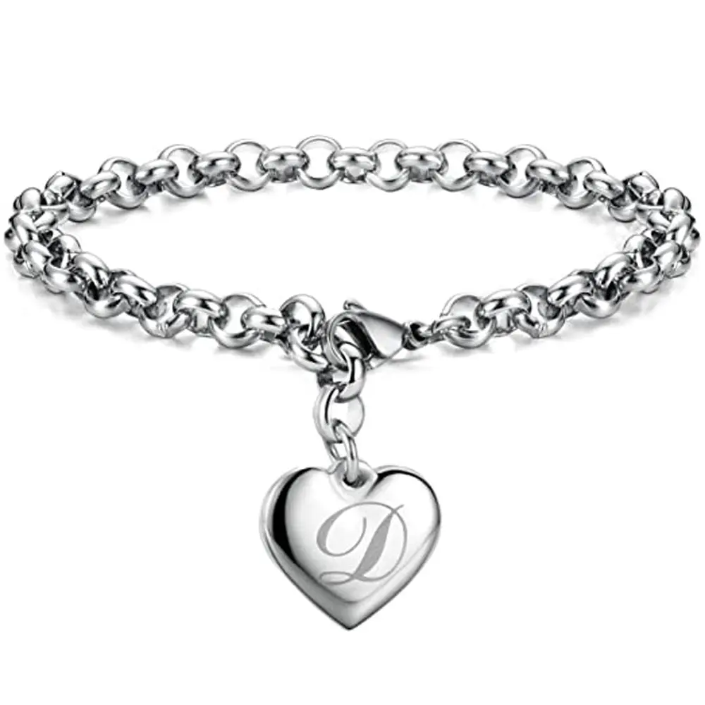 Minimalist Heart Charm Bracelet, Unisex Personalized A-Z Initial Jewelry in Titanium Stainless Steel for Daily Wear, Engraving, Fashion Enthusiasts, Titanium Steel, Chain Link, Simple, Initial Engrave, Letter Choice