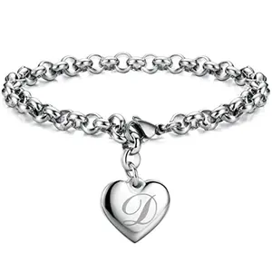 New simple personality titanium steel bracelet 26 letters fashionable stainless steel Heart-shaped chain Silver bracelet jewelry