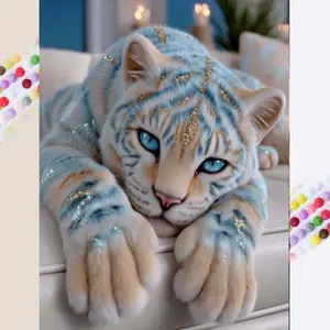 1 set of DIY diamond painting kit, 5D diamond art set, DIY decoration tiger, blue eyes, lying posture. Mosaic, diamond art, DIY art home decor.