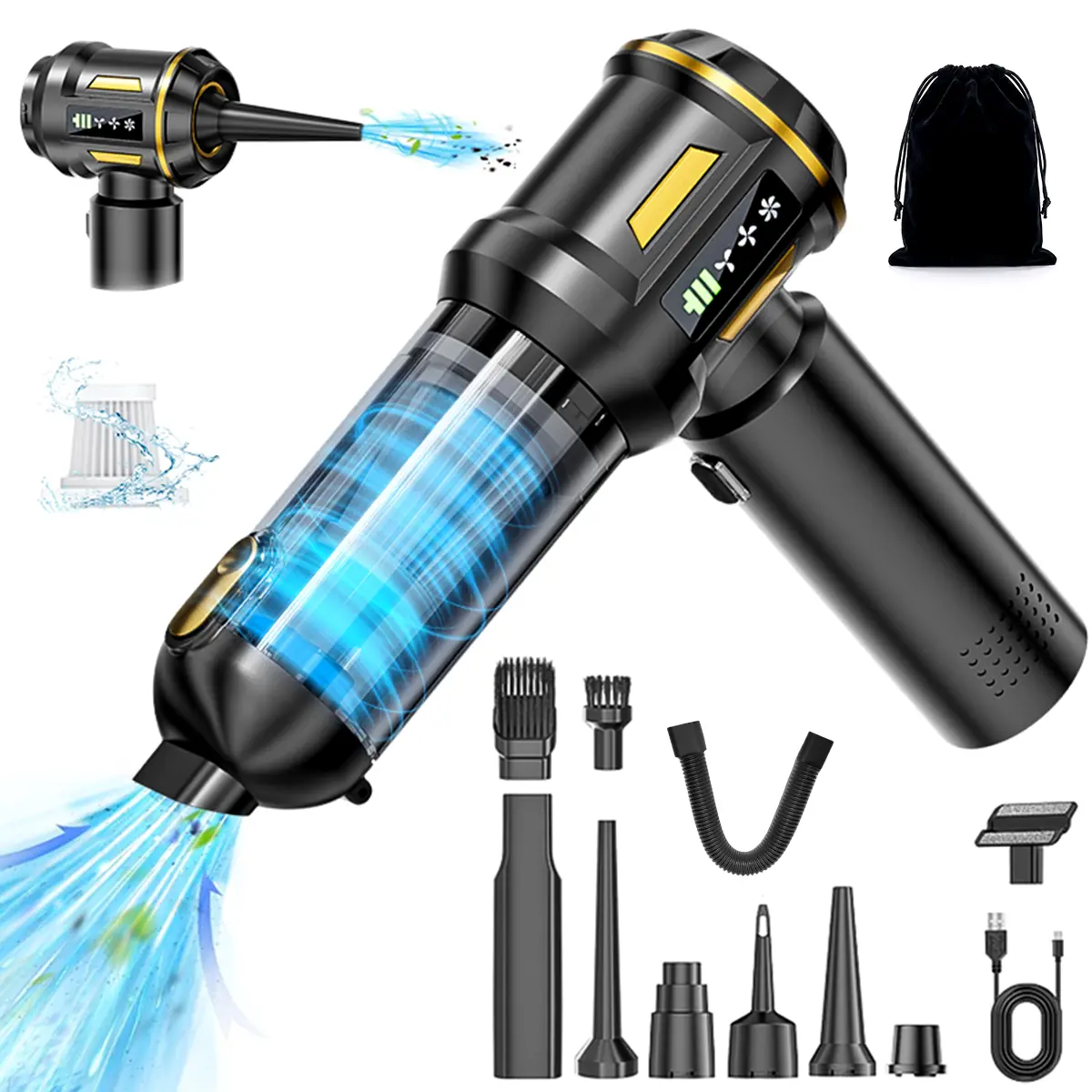 21000Pa Cordless Car Vacuum Cleaner, Strong Suction Handheld Vacuum with Brushless Motor, USB Rechargeable Mini Vacuum for Car, Home, Office & Pet Hair