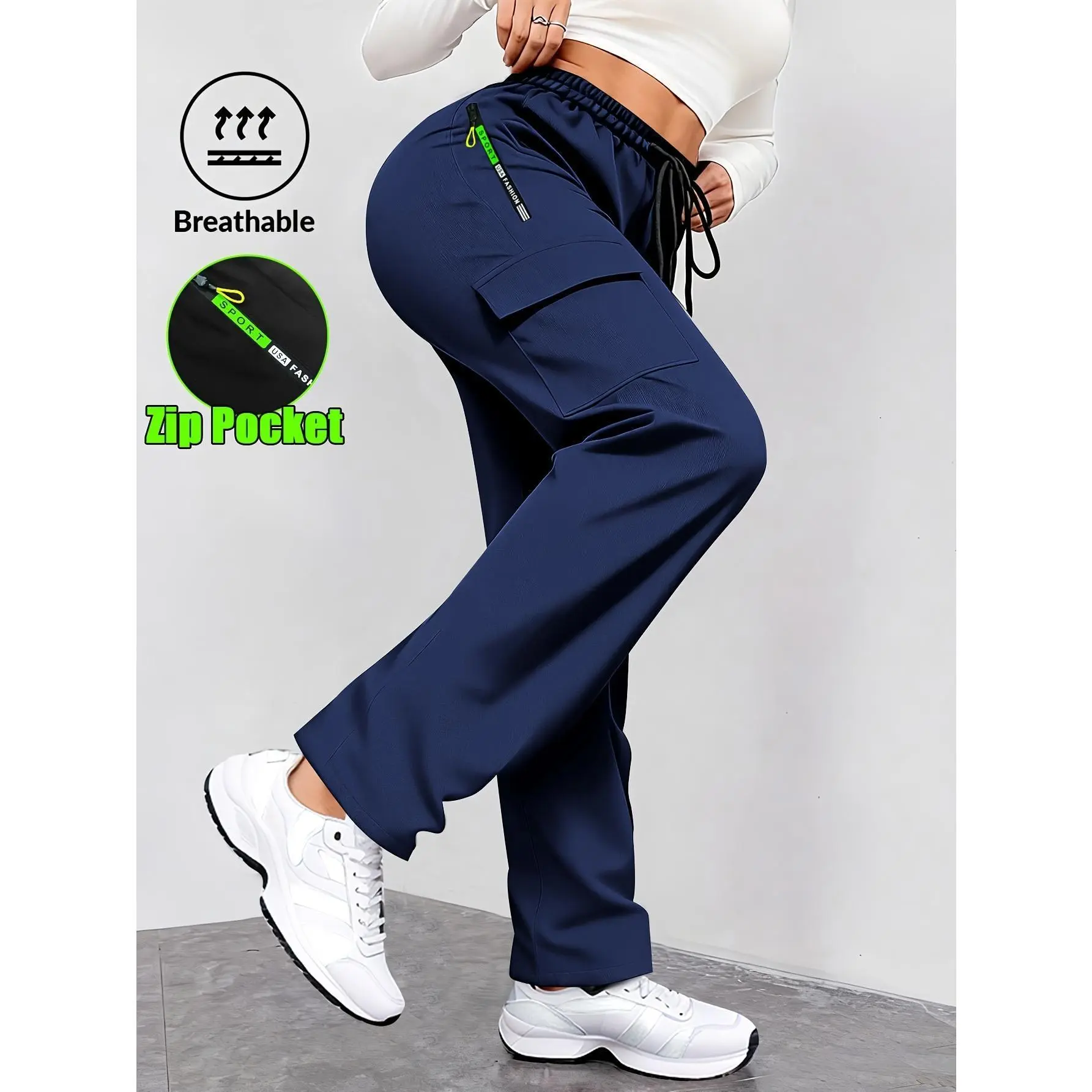 Women’s Lightweight Cargo Jogger Pants with Zipper Pockets – High Waisted Drawstring Straight Leg Athletic Pants for Travel, Gym, Hiking & Casual Wear