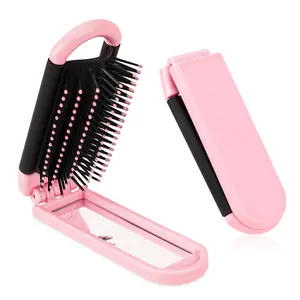 1 Pack Mini Travel Folding Hair Grooming Brush for Women, Collapsible Pocket Size Brush with Mirror and Ball Tips Nylon Bristle,Small Anti-static Comb Compact Hair Brush for Gym,Trip,Purse,Swimming, Detangling Hairbrush (Pink)