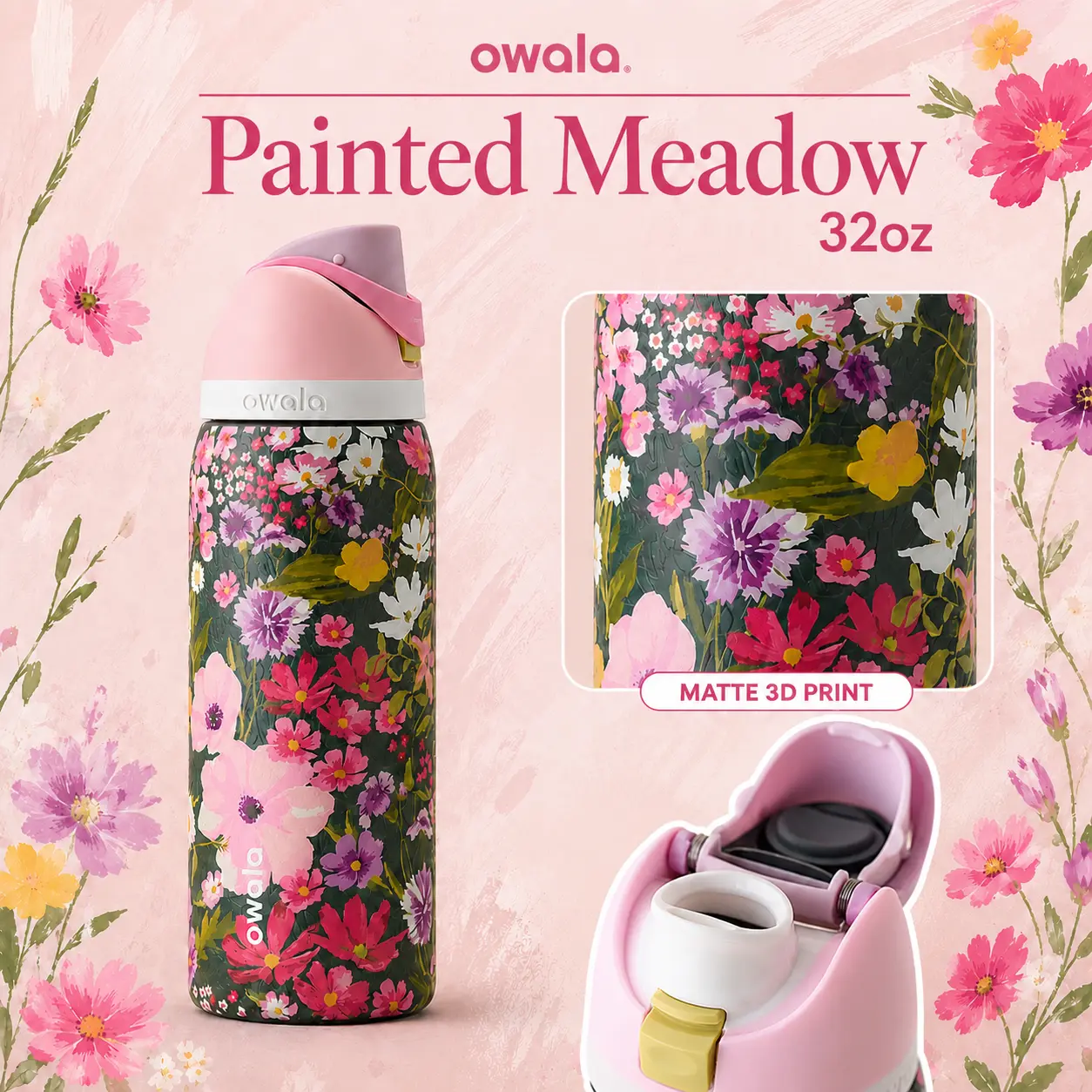 Owala UO Exclusive Painted Meadow 32oz Water Bottle – Vintage Floral FreeSip Stainless Steel Insulated Leakproof Travel Tumbler