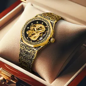 Exquisite Golden Dragon Design Men's Mechanical Skeleton Watch