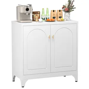 33" W Metal Sideboard Buffet Cabinet, Farmhouse Furniture, Powder-Coated Steel, Adjustable Shelf, Magnetic Doors, Adjustable Feet, Easy Assembly, for Dining, Living & Hallway | Console Storage Freestanding Wood Cupboard