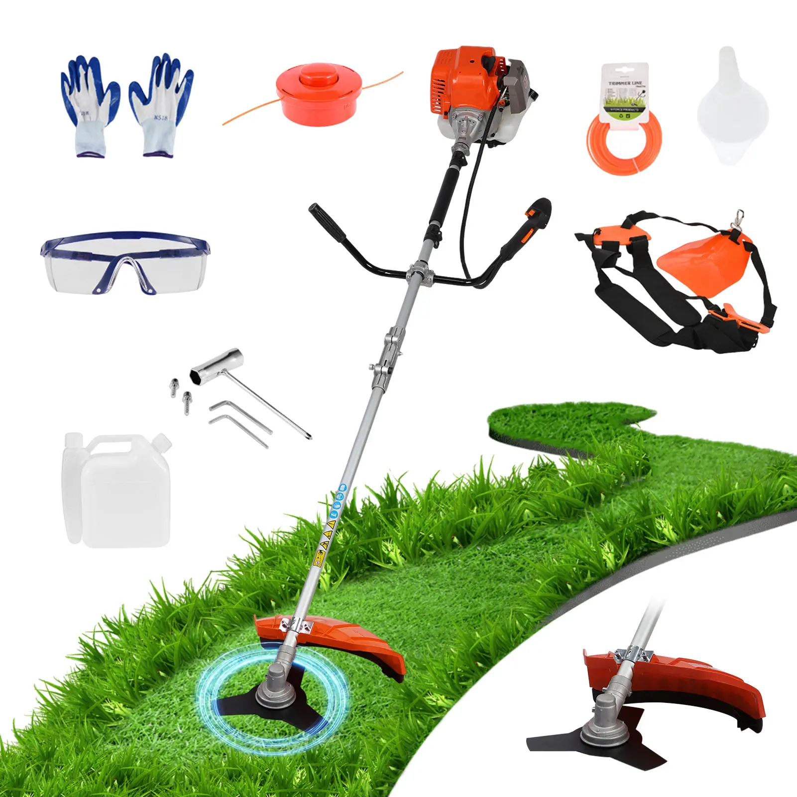52cc 2-Stroke Gas-Powered 2-in-1 Lawn Mower & Hedge Trimmer Brush Cutter, Multi-Purpose Garden Tool with 2500-3000rpm, Fuel Pump, Plastic Components, Ergo Handle, Safety Gear, Glasses, Control Lever, Installation Kit, Tying Grass Rope for Lawn Maintenance