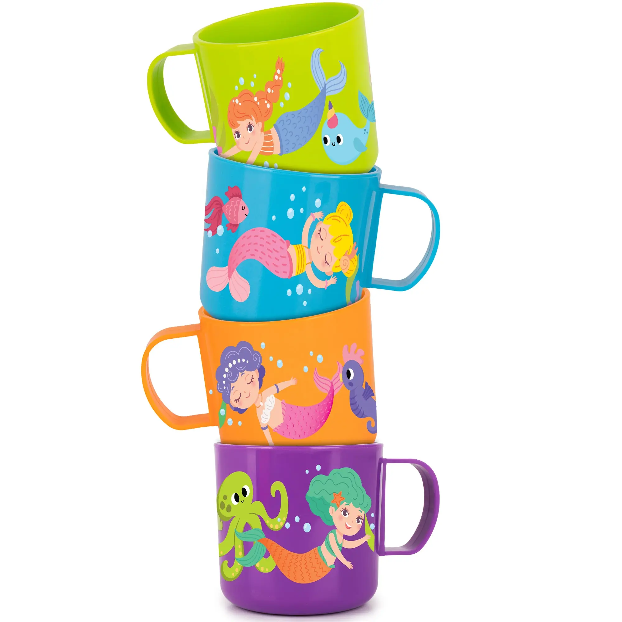 Kids' Lavender Mermaid Plastic Reusable Drinkware Set - 4-Piece Washable Kitchen Cups, Party Favors, 4 Mugs, Four Mugs