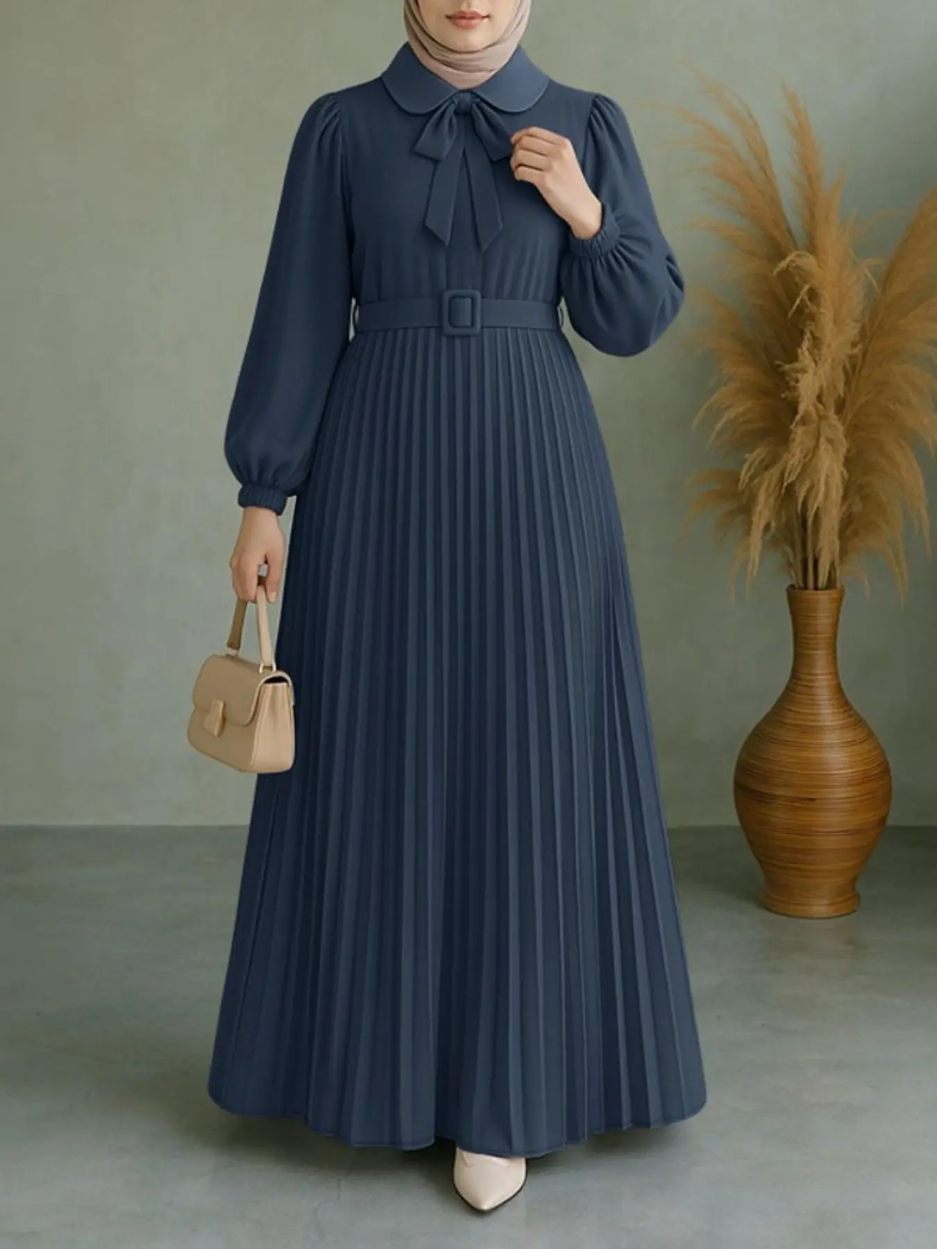 Women's Stand Collar Lantern Sleeve Waist Cinched Pleated Bow Tie Midi Long Dress, Classy Modest Fashionable Solid Color Dresses, Elegant Fashion for All Occasions
