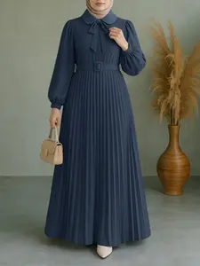 Women's Stand Collar Lantern Sleeve Waist Cinched Pleated Bow Tie Midi Long Dress, Classy Modest Solid Color Dresses, Elegant Fashion for All Occasions