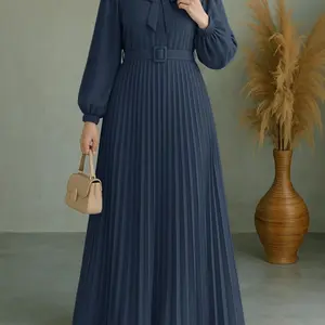 Women's Stand Collar Lantern Sleeve Waist Cinched Pleated Bow Tie Long Dress, Classy Modest Dresses, Elegant Fashion for All Occasions