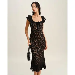 Black Textured Ruffle Mermaid Midi Dress