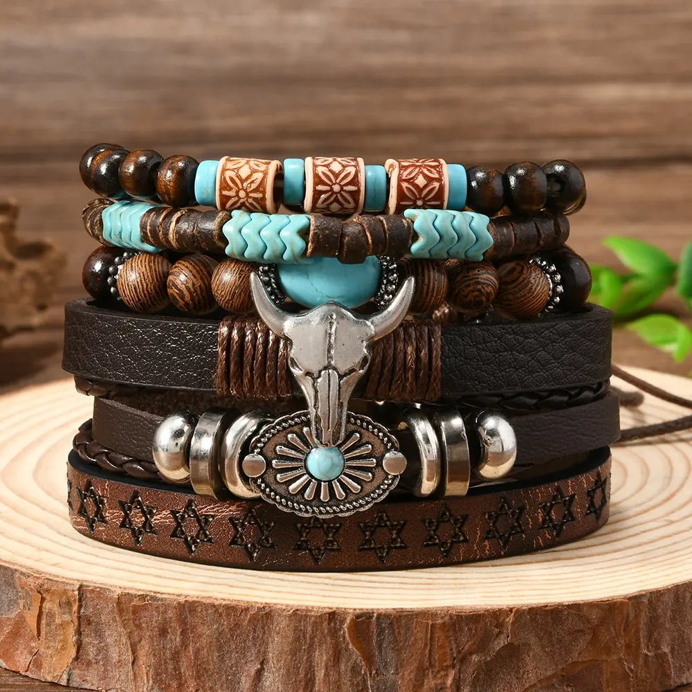 6 Piece Set Western Cowboy Style Leather Cow Head Faux Turquoise Coconut Shell Bracelet Set, Vintage Bohemian Casual Versatile Hand Jewelry, Boho Style Jewelry,Stackable Bracelets, Mix Bracelets, Stacking Bracelet