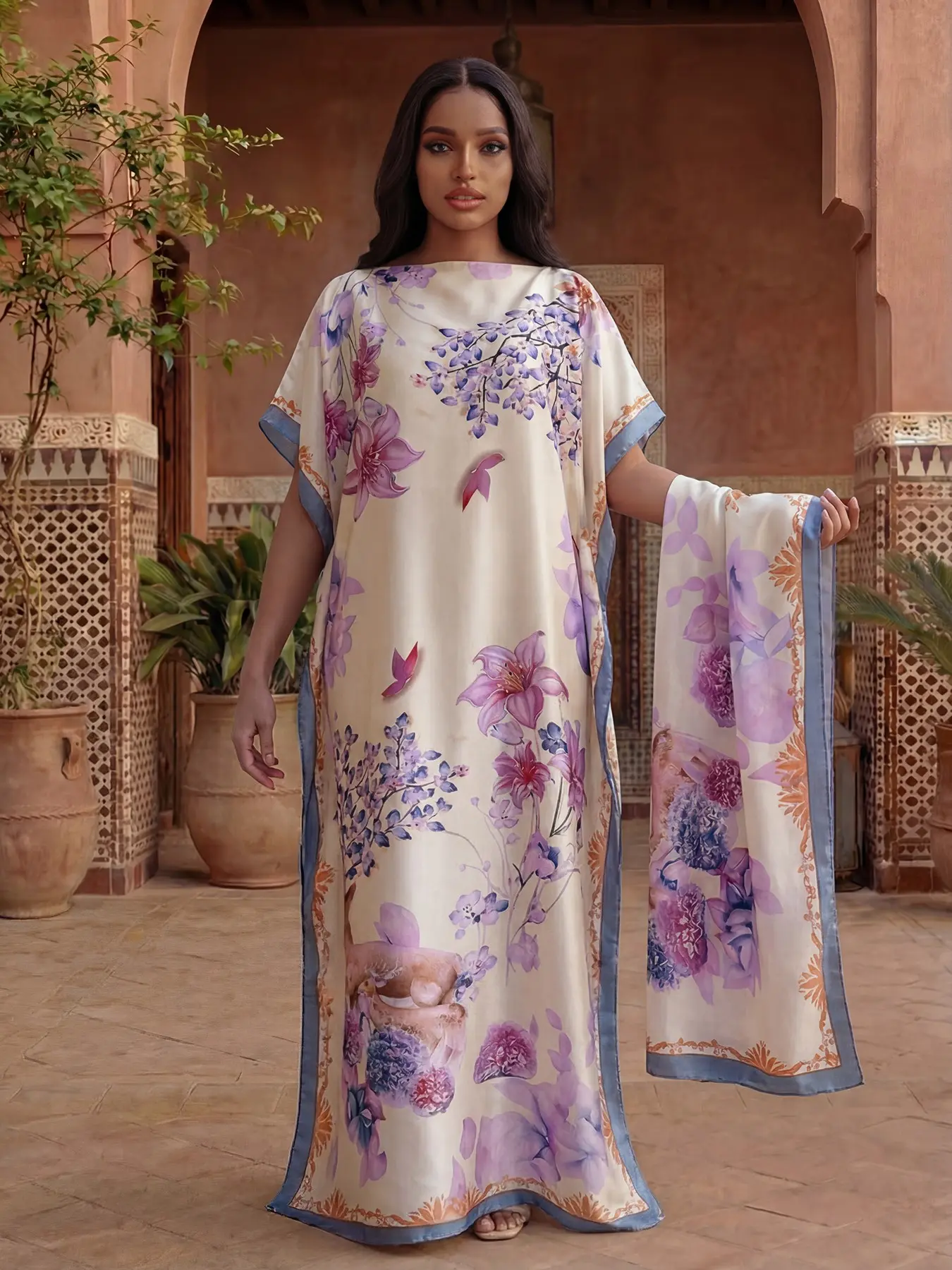 Women's Boho Floral Printed Robe Set, Casual Fashion Long Dress & Headscarf, Beach Sun Protection Summer Satin Silk Smooth Shawl, Casual Wear, Boho Style