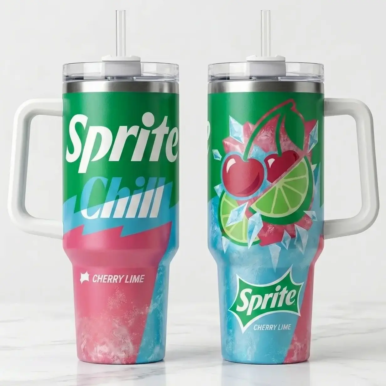 Sprite Chill Cherry Lime 40oz Tumbler with Handle, Ice Cold Splash Lemon Lime Aesthetic Cup, Vacuum Insulated Stainless Steel Travel Mug, Leak Resistant Lid & Straw, Car Cup Holder Friendly, Authentic Neon Soda Flavor Fans Summer Gift