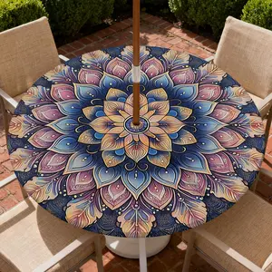 Round Outdoor Tablecloth with Zipper and Umbrella Hole, Fitted Table Cloth with Elastic, Oil Waterproof Tablecover for Patio Picnic Camping Garden Fits 61"-65" Round Table, Boho