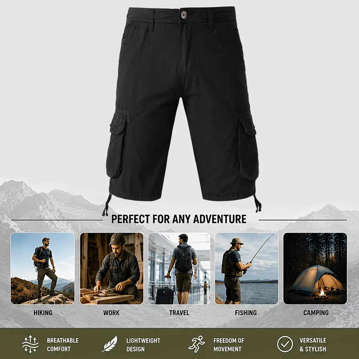 Men's Heritage Utility Cargo Shorts - Fashion Men's Shorts with Multi-Function Pockets, Casual Retro Street Style Clothes, Mid Waist, Button Closure, Machine Washable for Camping, Hiking