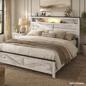 Sturdy Platform Bed Frame - Farmhouse Boho Style, Queen Size, Rustic Storage Headboard, LED Lights, Charging Station, Metal Slats, No Box Spring Needed, Bedroom Set, White Indoor Furniture Bed Frame, Sturdy Bed Frame