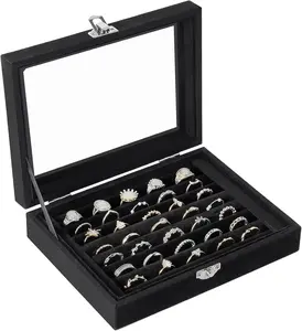 Jutieuo Velvet Ring Organizer Box, 7 Slots Jewelry Holder with Glass Lid Earring Display Tray Storage Case Gift for Women and Girls (Black)8"D x 6"W x 2"HHinged, Portable, Earrings Organizer, Lock
