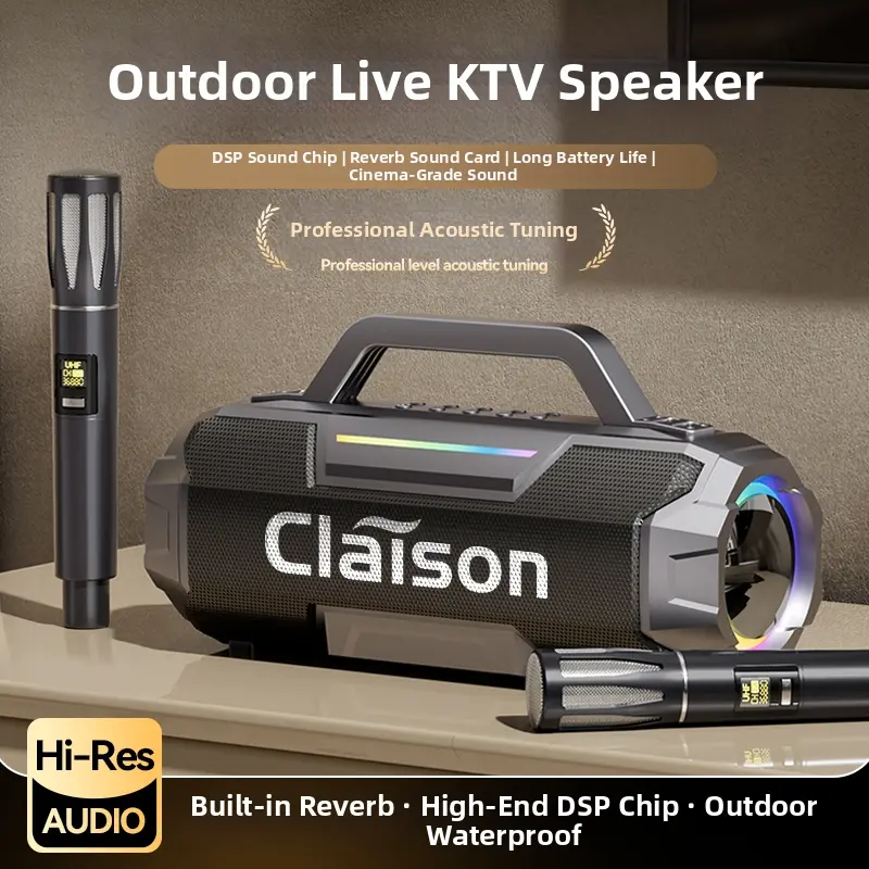 Claison T9 PLUS Portable Bluetooth Streaming Speaker System - 2 Microphones for HD Audio, Colorful LED Lights, Built-in Powerbank, Multi-Interface Plug-and-Play, Ideal for Karaoke, Outdoor Use