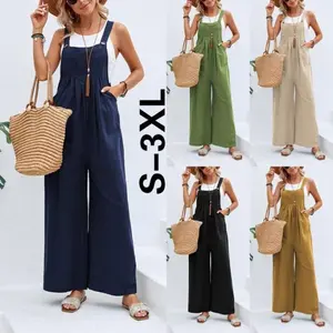 2026 New Women's Casual Loose Fit Jumpsuit Sleeveless Wide Leg Full Length Overalls with Pockets