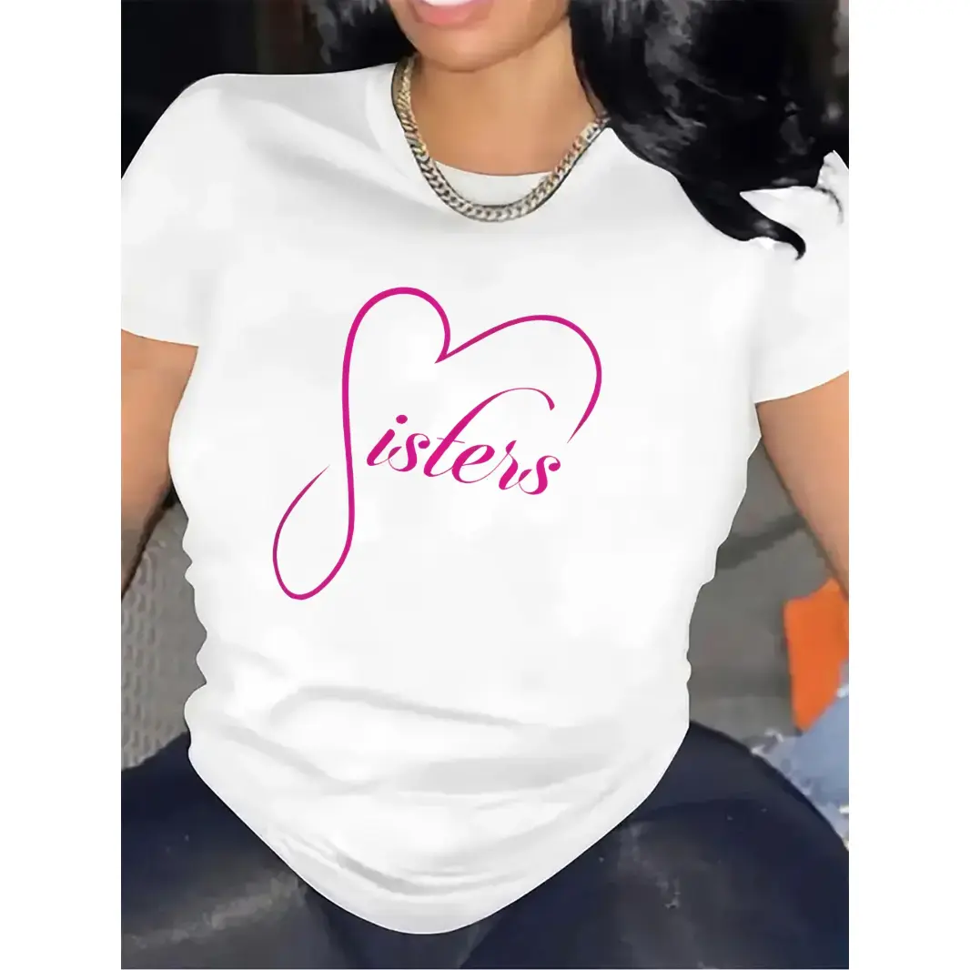 Womens Cotton Short Sleeve Graphic Tee Sisters Heart Letter Print Crew Neck Casual Summer Streetwear Top Cute Matching Best Friend Family Outfit Gift
