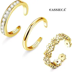 CASSIECA Women's 3PC Adjustable Gold-Plated Stacking Toe Rings Set, Open Band Simple CZ Daisy Flower Design, Hawaiian Summer Beach Costume Jewelry for Women, Stacking Rings SummerVibes
