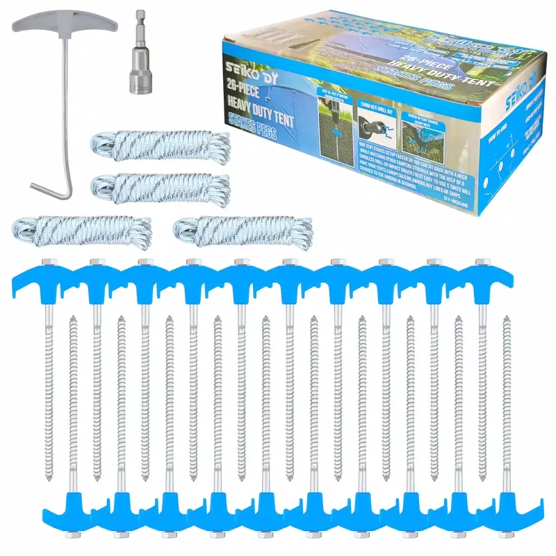 26-Piece Drive-In Ground Anchor Set, Heavy-Duty Threaded Tent Stake Set, includes stakes, 4 ropes, and a T-bar stake puller; features a threaded design—tent anchors—with easy-to-use manual tool accessories, ideal for setting up tents while camping